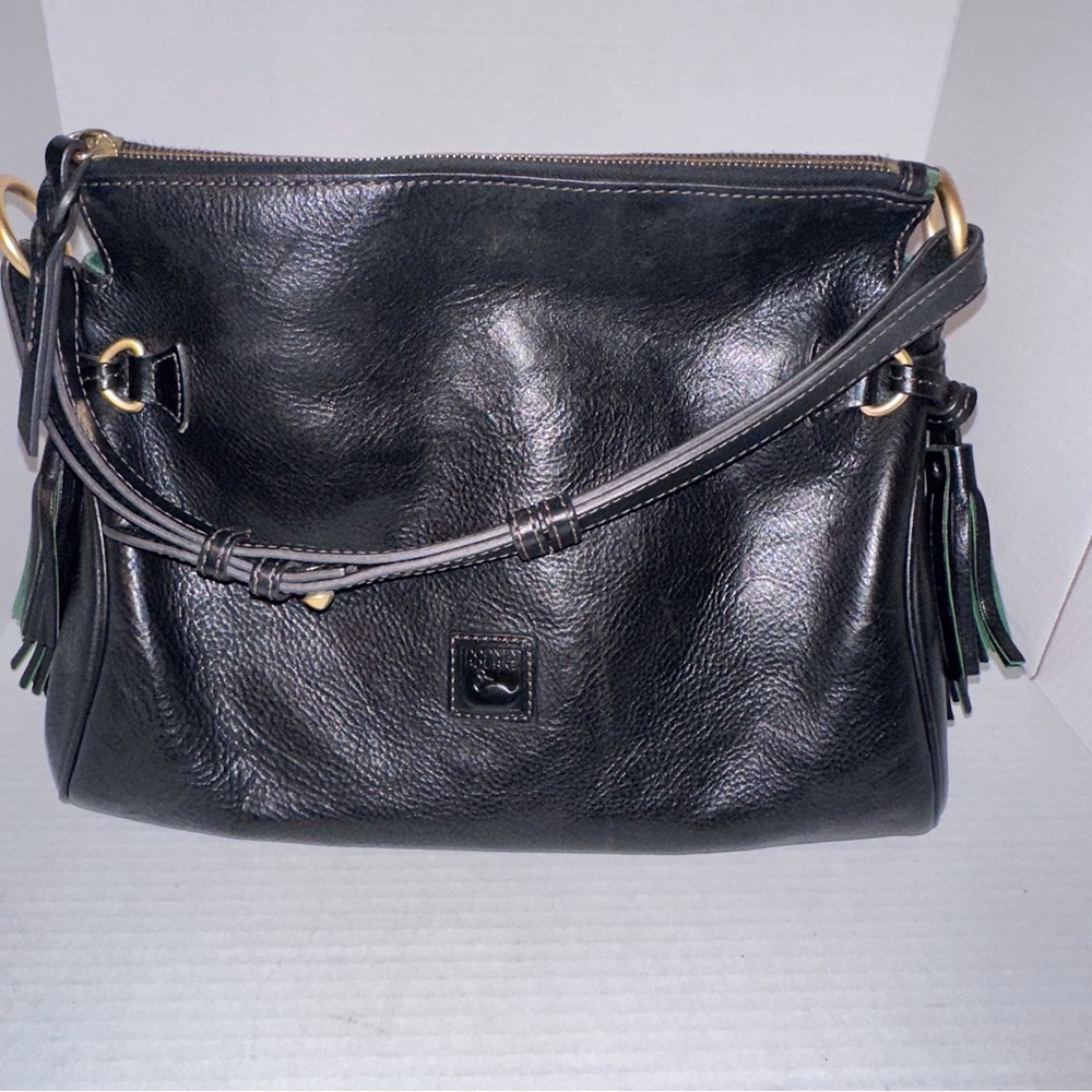Dooney & Bourke Florentine Purse Black Green Leather Tassel Zipper Hobo Bag